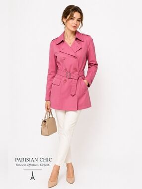 Esprit Pink Double Breasted Coat Womens Small Belted Old Rose Jacket Trendy Chic